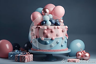 Gender party, baby shower. Boy or girl cake, blue and pink cake, balloons and gifts. generative ai Stock Photo