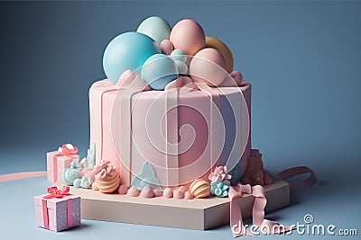 Gender party, baby shower. Boy or girl cake, blue and pink cake, balloons and gifts. generative ai Stock Photo