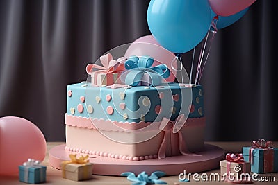 Gender party, baby shower. Boy or girl cake, blue and pink cake, balloons and gifts. generative ai Stock Photo