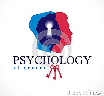 Gender psychology concept created with man and woman heads profiles and keyhole with key of understanding, vector logo or Vector Illustration