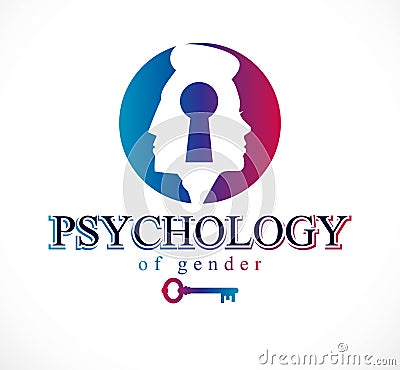 Gender psychology concept created with man and woman heads profiles and keyhole with key of understanding, vector logo or Vector Illustration