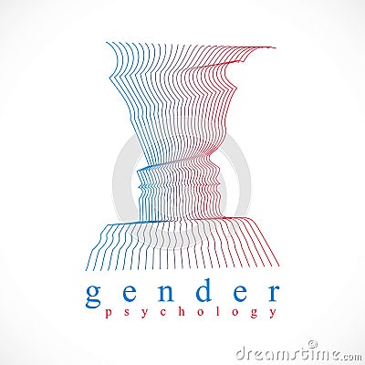 Gender psychology concept created with man and woman heads profiles, vector logo or symbol of relationship problems and conflicts Vector Illustration