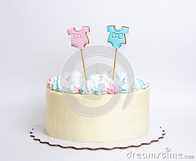Gender reveal cake with marshmallow and gingerbread Stock Photo