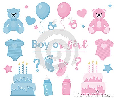 Gender reveal clipart. Blue and pink colors Vector Illustration