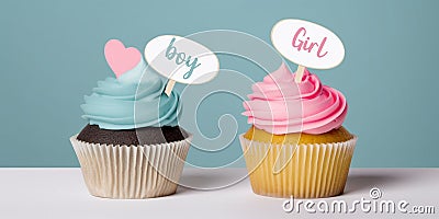 Gender reveal. Cupcake blue and cupcake pink. Diversity Stock Photo