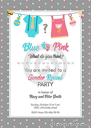 Gender reveal invitation template, baby shower party. Vector Illustration