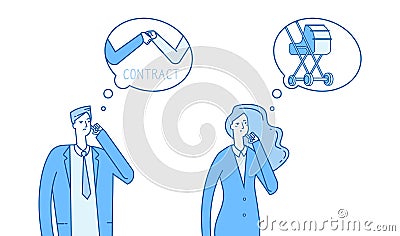 Gender stereotypes thinking. Man thinks about work, woman thinks about family vector illustration Vector Illustration