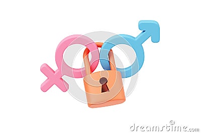 Gender symbol pink and blue with lock 3d love female, male, boy, girl valentine romantic couple sex, sexual, sensual. Stock Photo