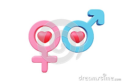 Gender symbol pink and blue with red heart 3d love female, male, boy, girl valentine romantic couple sexual, sensual, erotic. Stock Photo