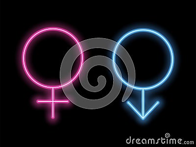 Gender Symbols in Neon Style. Neon Silhouette Vector Illustration