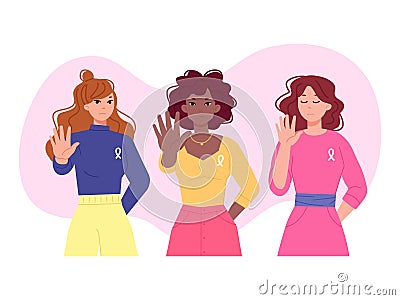 Gender violence. Elimination racial bias against women international day concept, united girls with stop gesture woman Vector Illustration