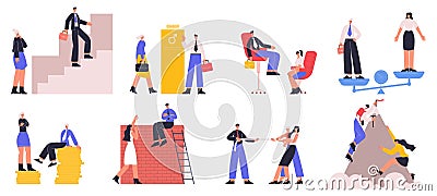 Gender work career inequality, women discrimination and inequality. Workplace discrimination, unequal career Vector Illustration