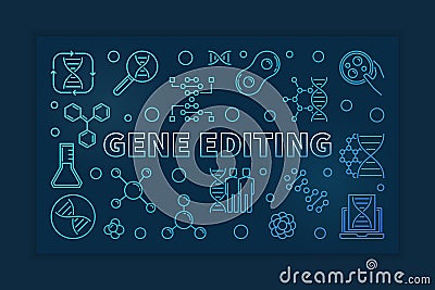 Gene Editing vector blue outline banner on dark background Vector Illustration