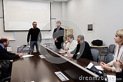 General director of Vitrulux Bronislav Gorlinsky talks with press Editorial Stock Photo