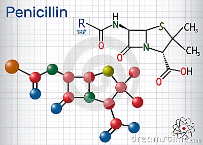 General formula of penicillin PCN molecule. It is a group of antibiotics. Sheet of paper in a cage. Structural chemical formula Vector Illustration