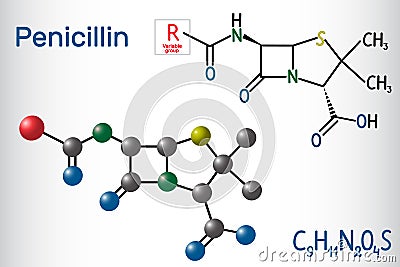 General formula of penicillin PCN molecule. It is a group of antibiotics. Structural chemical formula and molecule model Vector Illustration