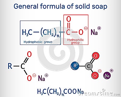 General formula of solid soap molecule. Sodium carboxylate, RCOONa. It is the sodium salt of fatty acid. Structural chemical Vector Illustration