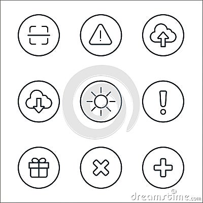 general line icons. linear set. quality vector line set such as add, cross, gift, warning, sun, download, upload, warning Vector Illustration