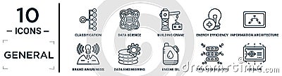 general linear icon set. includes thin line classification, building crane, information architecture, data engineering, data Vector Illustration