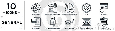 general linear icon set. includes thin line disk brake, business incubator, cit risk, future technology, computer vision, filament Vector Illustration