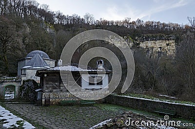 General look and roof oven spring source of Demir Baba Teke, cult monument honored by both Christians and Muslims in winter Stock Photo