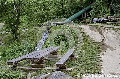 General look toward old operative workshop with fulling mill Stock Photo