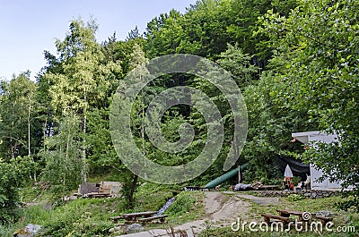 General look toward old operative workshop with fulling mill Stock Photo