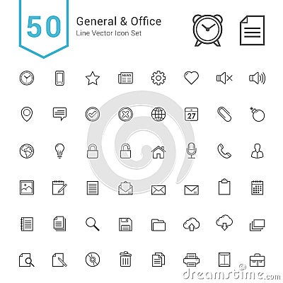 General and Office Icon Set. 50 Line Vector Icons. Vector Illustration