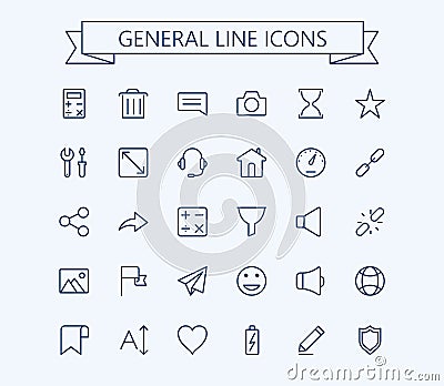 General vector icons set 2. Thin line outline 24x24 Grid.Pixel Perfect Vector Illustration