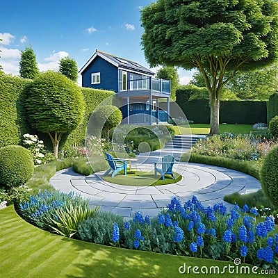 general view of back garden with artificial grey paving slab flower bed with Cartoon Illustration