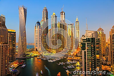 General view of Dubai Marina at night from the top Editorial Stock Photo