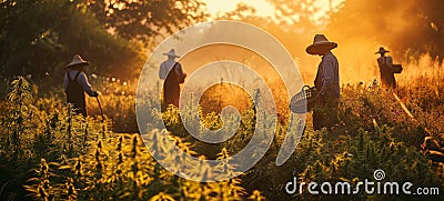 A general view of a field with mature cannabis plants and silhouettes of farmers inspecting crops in the golden rays of Stock Photo