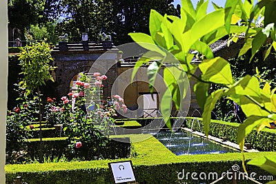 General view of The Generalife courtyard, with its famous fountain and garden. Alhambra de Granada complex Stock Photo