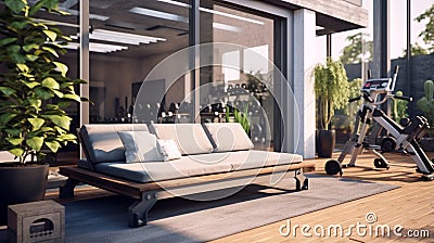 General view of terrace with sofa and fitness equipment. house interior, design, fitness and domestic life Stock Photo