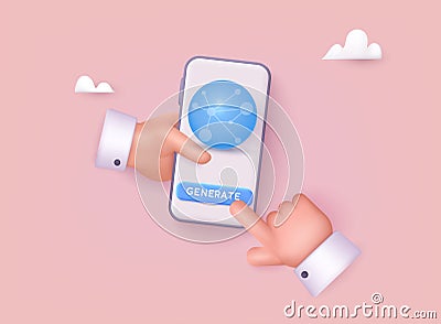 Generate AI button. Hand holding phone with generate text and image pressbutton prompt. Magic stars sign. Chat brain assistant. 3D Vector Illustration