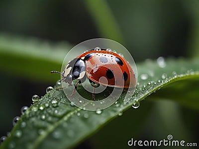 Ladybug dwells on dewy leaves Stock Photo