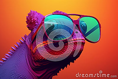 Generate AI. Macro cute chameleon in a pair of colorful glasses, hyperrealistic compositions, inventive. Chameleon wearing sunglas Stock Photo