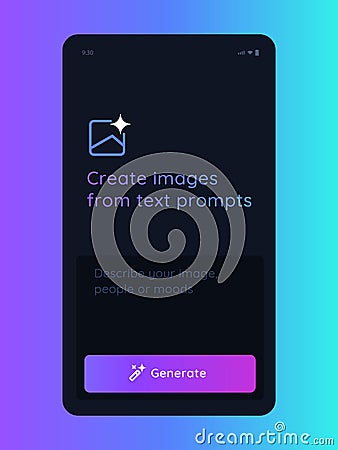 Generate image with artificial intelligence generative AI user interface application mobile smartphone app create Vector Illustration