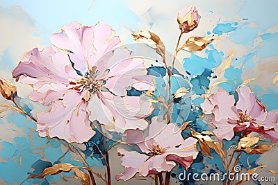 a painting of pink flowers on a blue background. Gouache Painting of a Turquoise color flower perfect for Wall Art. Stock Photo