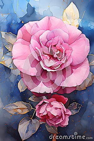 a painting of two pink roses on a blue background. Watercolor Painting of a Sapphire color flower perfect for Wall Art. Stock Photo