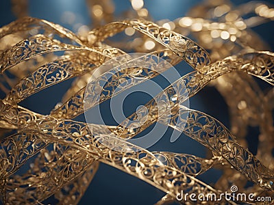 golden fabrics and ribbons with oriental patterns lie carelessly Stock Photo