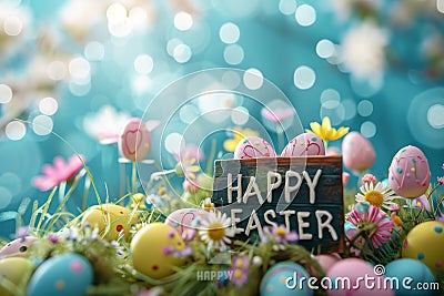 Happy easter Architectural Eggs Undercover Easter Surprises Basket. White handled basket Bunny religious symbols minimalistic Cartoon Illustration