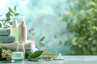 Skincare bathroom paint cream, anti aging postnatal massage. Face maskhydrating serum. Beauty baobab oil Product sunscreen jar Stock Photo