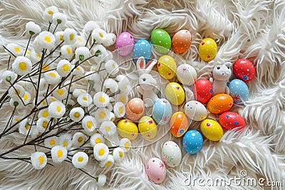 Happy easter Blessing Eggs Easter wallpaper Basket. White Happiness Bunny Easter egg bouquet. Spring fling background wallpaper Cartoon Illustration