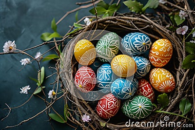 Happy easter Bouncing Eggs Easter table decor Basket. White jubilant Bunny easter primrose. Brunch background wallpaper Cartoon Illustration
