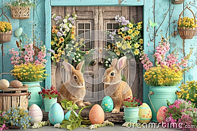 Happy easter carbon paper Eggs Easter egg craft Basket. White bright eyed Bunny Floral assortment. Church service background Cartoon Illustration