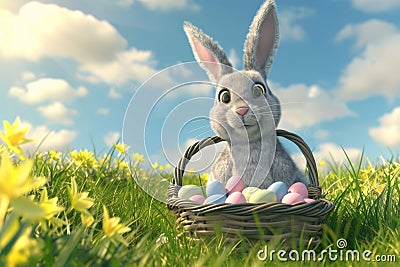 Happy easter carnations Eggs Peeps Basket. White sorrows Bunny thankful. Easter garden background wallpaper Cartoon Illustration