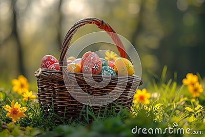 Happy easter cgi Eggs Vibrant Basket. White Lavender Bunny Turquoise Jewel. garden gate background wallpaper Cartoon Illustration