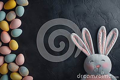 Happy easter cheery Eggs Spring break Basket. White Sympathy Card Bunny Handwritten note. Boundless background wallpaper Cartoon Illustration