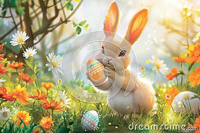 Happy easter clump Eggs Bunny Bonhomie Basket. White foliage Bunny sunrise service. Orange Rind background wallpaper Cartoon Illustration